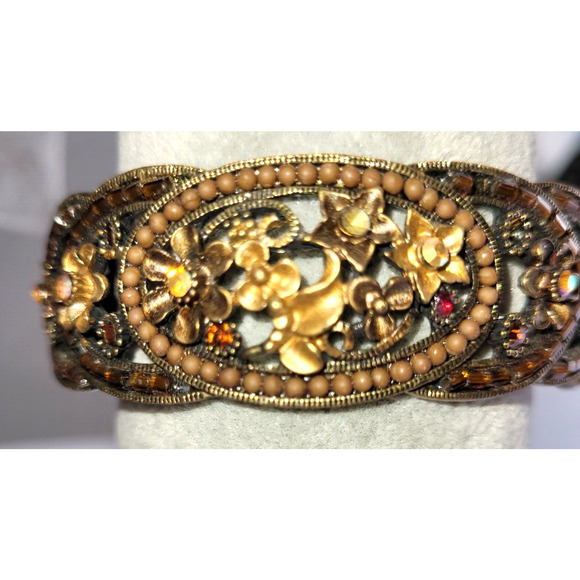 Bronze Clamper Hinged Rhinestones Romantic Goth Metal Fairy Bracelet 7" Wrist - Picture 1 of 8
